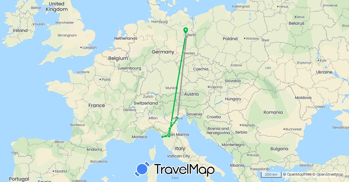 TravelMap itinerary: driving, bus, plane in Germany, Italy (Europe)